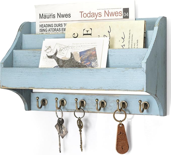 Rebee Vision Pine Wood Key Holder Wall Mount - Farmhouse 3-Tire Mail Holder with 6 Key Hooks for Home Decor- Multifunctional Wall Organizer for Entreyway, Living Room (Blue)