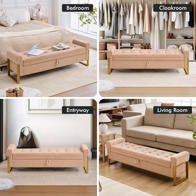 67" End of Bed Storage Bench King Size, Bench for Bedroom Foot of Bed, Upholstered Storage Ottoman with Gold Legs for Window Living Room, Teddy Camel