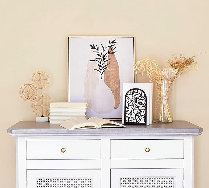 CNK Premium BookEnds - Heavy Duty Metal Book Stoppers for Home Office, Decorative Book Shelf Holders (Hummingbird Black)
