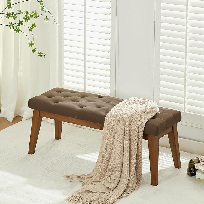 WUTUTUEE 43.5'' Linen Bedroom Bench, Upholstered End of Bed Bench with Tufted Button, Padded Vintage Dining Bench, Entryway Bench with Solid Wood Legs, Kitchen, Living Room, Hallway, Brown Tufted