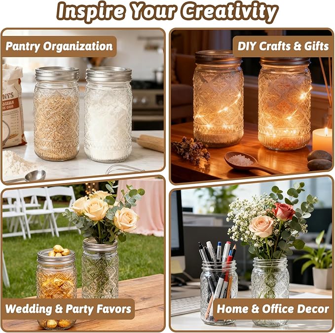 32 oz Mason Jars with Airtight Lids and Bands, 12-Pack with Wide Mouth, Rustic Stickers & Tags, Quart Glass Canning Jars for Pickling, Food Storage, Fermentation,Overnight Oats
