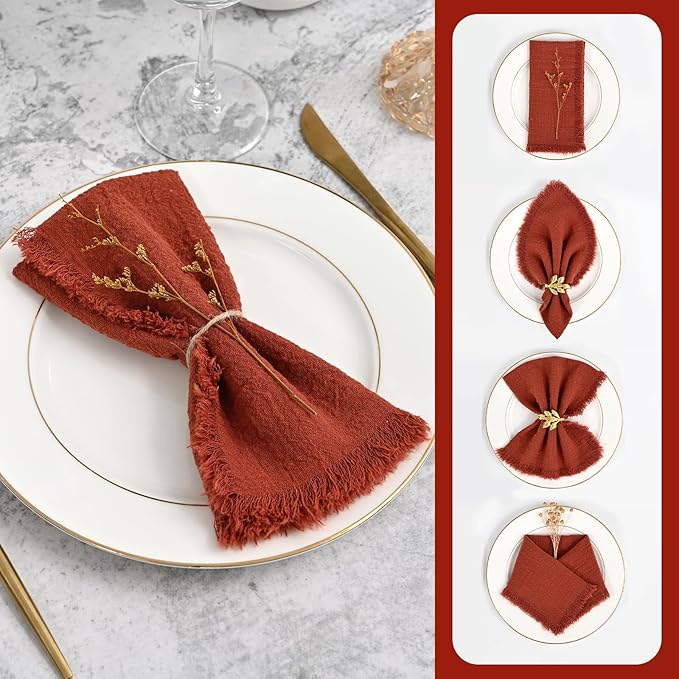 30 Packs Cotton Linen Napkins,Handmade Cloth Napkins Bulk with Fringe, Rustic Boho Napkins Cloth,Cloth Napkins for Romantic Wedding Party Event Dinner Birthday Table Decor(Terracotta,16 x 16 Inch)