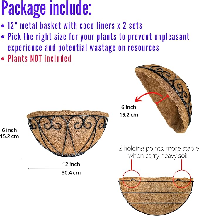 LaLaGreen Outdoor Wall Planters (2 Pack, 12 Inch) Black Metal Wall Mounted Hanging Basket with Coco Liner, Flower Pot Plant Holder Semi-Circle Planter for Fence Railing Deck Porch Balcony Garden Decor