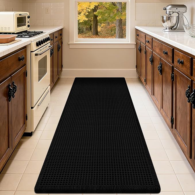 IM HOME Extra Large Waffle Bath Mat, Boho Bathroom Rugs Absorbent Non Slip, Soft Bathroom Mats, Machine Washable Knit Bath Rugs with Tassels for Bathroom, Bedroom, Kitchen, Shower, Tub, Black, 6'x2'