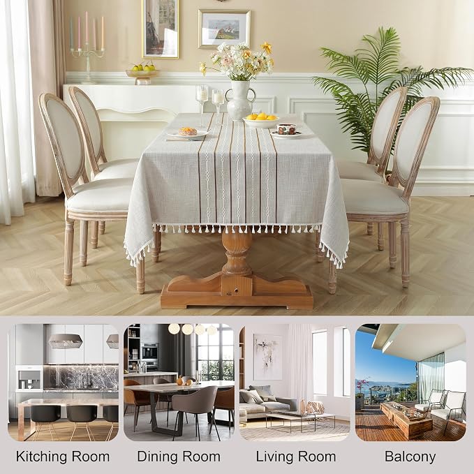 JIALE Tablecloths for Rectangle Tables, Cotton Linen Table Cloth Waterproof Tablecloth Wrinkle Free Farmhouse Dining Tables Cover, Soft Fabric Table Cloths with Tassel, Coffee, 55" X 120", 10-12 Seats