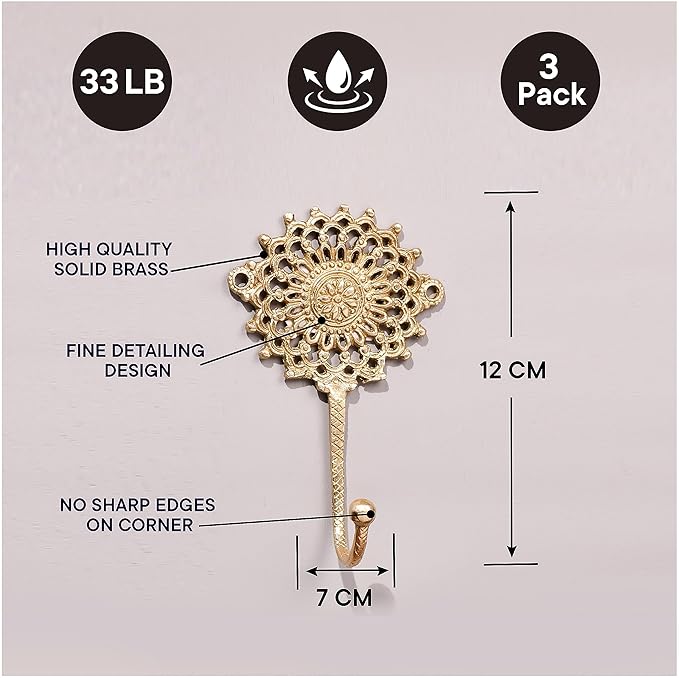 Indian Shelf 3 Sets Brass Sunflower Heavy Duty Decorative Vintage Key Holder, Key Wall Hooks for Hanging Coats, Jackets, Leash, Hat, Towel, Backpack, Purse, Handbag [Golden]