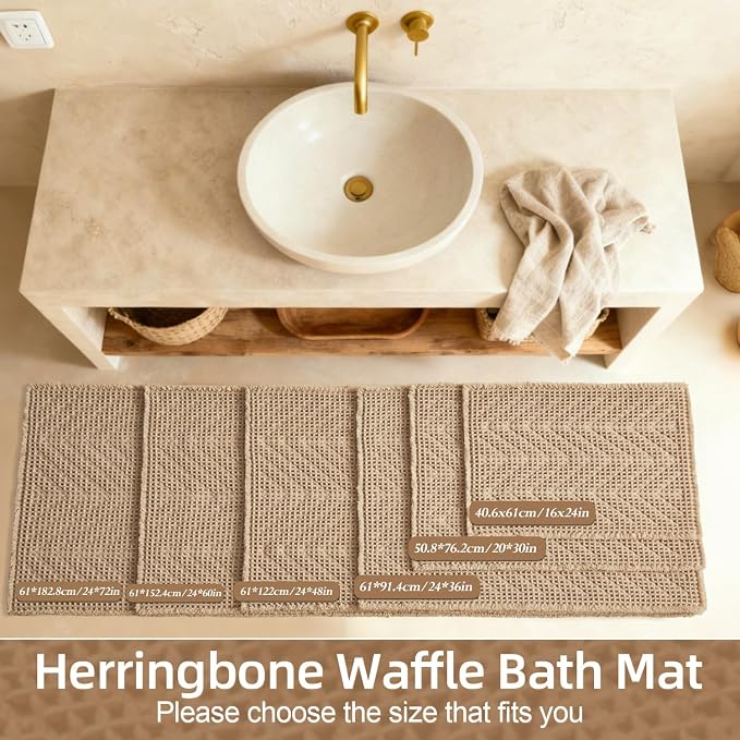 Sunfly Waffle Runner Rug Bathroom, Boho Bath Mat Super Absorbent & Quick Dry, Non-Slip Washable with Tassels, Ultra Soft Farmhouse Long Bathroom Rug 24"x72" Beige