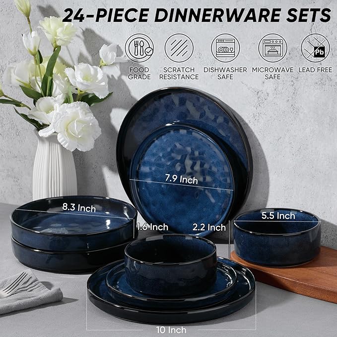 E-far 24-Piece Plates and Bowls Sets with Pasta Bowls - Stoneware Dinnerware Set for 6, Modern Ribbed Dishes, Microwave & Dishwasher Safe, Starry Blue