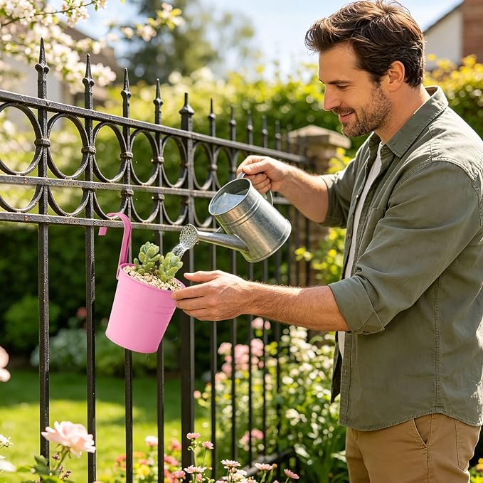 Hanging Flower Pots For Railings, Hanging Galvanized Metal Flower Pot with Hook, Tinplate Hanging Buckets for Garden Balcony Flowers, Colorful Planter for Flowers Grasses and Succulents (Pink)