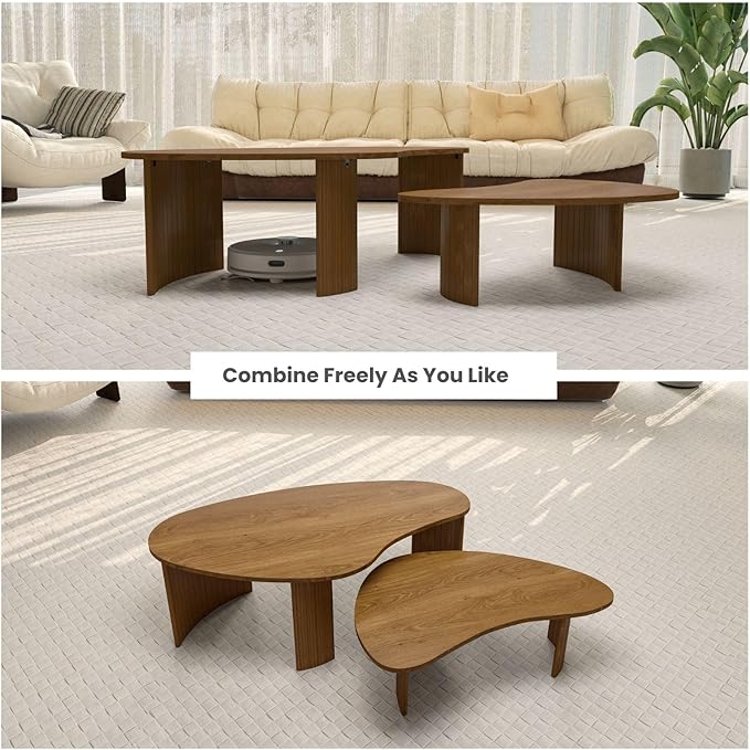 Mid Century Modern Nesting Coffee Table Set of 2, Walnut Wood Grain Veneer with Fluted Legs, Farmhouse & Contemporary End Tables for Living Room