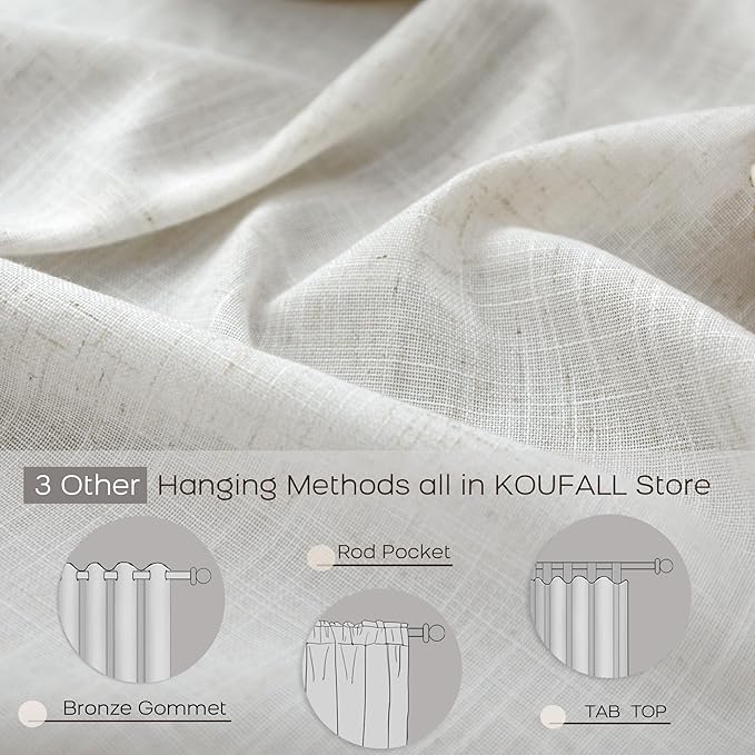 KOUFALL 60 Inch Wide Linen Curtains, Privacy Sheer Light Filtering Boho Back Tab Pleated Curtains for Living Room Bedroom, 60x84 Inch Long, 2 Panel Set, Cream Beige