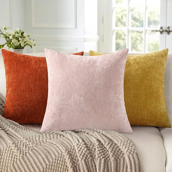 decorUhome Chenille Blush Pink Summer Throw Pillow Covers 18x18 Inch Set of 2, Decorative Soft Couch Pillow Covers Solid Dyed Accent Farmhouse Neutral Square Pillow Cases for Sofa
