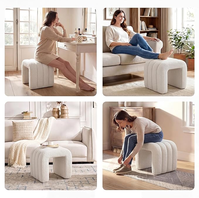 White Teddy Fleece Tufted Ottoman Stool, Small Arch Footrest for Couch, Modern Vanity Stool with Non-Slip Pads for Makeup Room, Living Room, Entryway, 15.4 x 19.3 x 17.9 Inches, 260lb Capacity