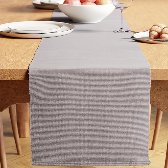 Encasa XO Dining Table Runner 13"x72" | Yarn Dyed Fine Ribbed Cotton | Light Grey | Machine Washable