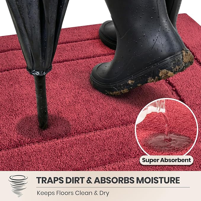 PURRUGS Dirt Trapping Door Mat 20" x 31.5", Non-Slip/Skid Machine Washable Entryway Rug, Dog Doormat, Super Absorbent Welcome Mat for Muddy Wet Shoes and Paws, Burgundy Red