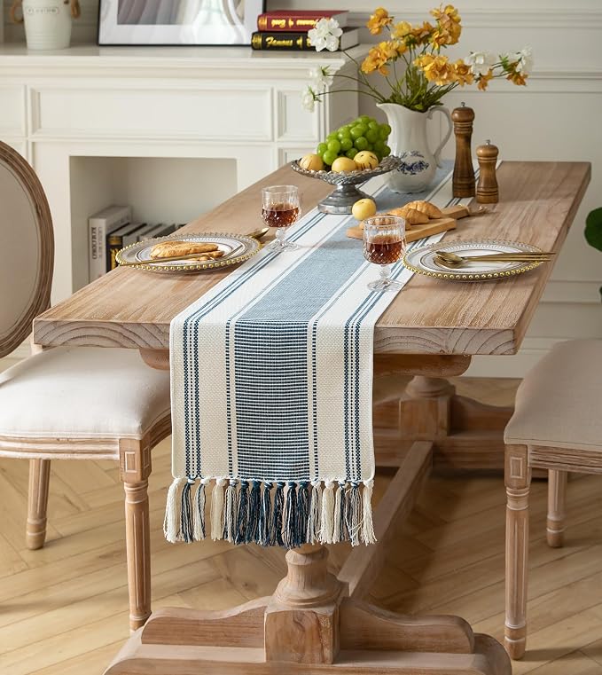 Caflife Boho Table Runner Blue and White for Modern Farmhouse Decor, Natural Cotton Woven Runner with Tassels for Home Dining Table décor 13 x 108 Inch Long