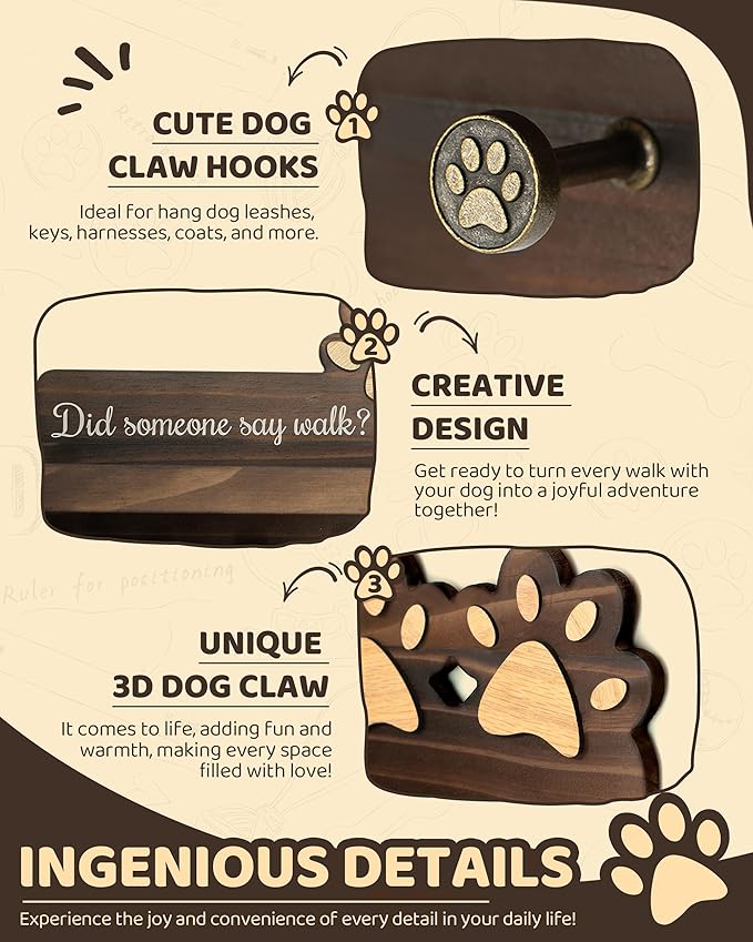 MTERSN Farmhouse Dog Leash Holder for Wall - Cute Key Holder Wall Mount with Floating Shelf & 6 Paw Hooks - Dog Lover Gifts for Wall Organize and Elevate Room Decor (Brown)