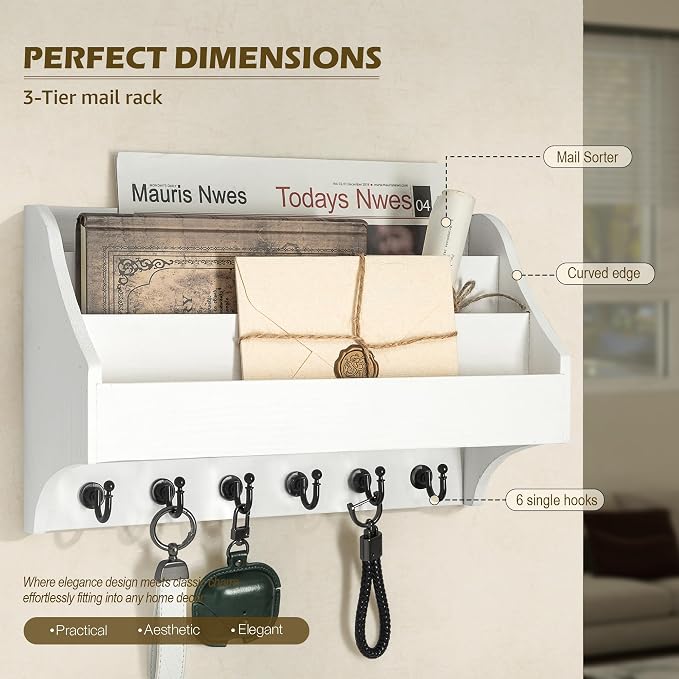 Rebee Vision Pine Wood Key Holder Wall Mount - Rustic Mail Holder for Wall with Key Hooks & 3-Tire Letter Slots - Multifunctional Key Holder on Wall for Entryway Storage (White)