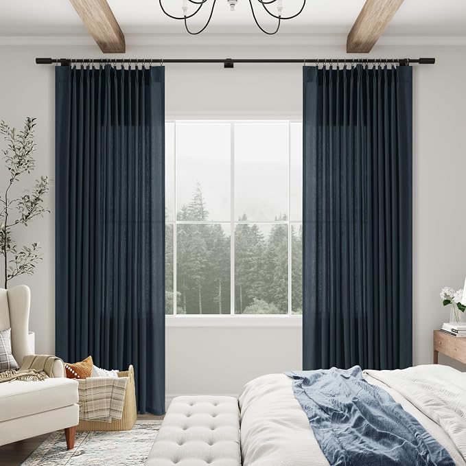 Aersas Vintage Blue Pinch Pleated Linen Curtains 120 Inches 2 Panels for Living Room Bedroom Privacy Windows Treatment Light Filtering Sliding Glass Door Curtain House Casual Decorations 40x120