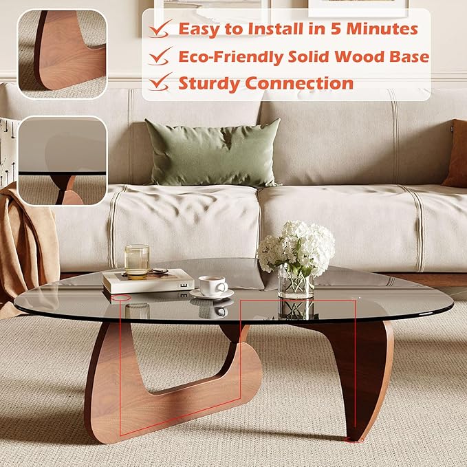 Modern Coffee Table for Living Room and Small Spaces, 35.6" x 25.4" x 15.8" Triangle Tempered Glass Table Top and Solid Wood Base, Walnut