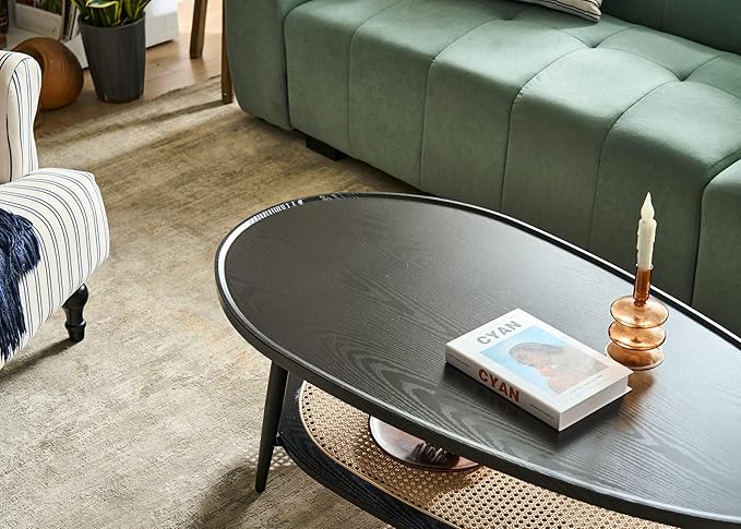 AGV LIGHTING Oval Coffee Table with Storage Shelf, 47" Mid Century Modern Coffee Table for Living Room, Black Wood Finish MDF Top with Rattan Shelf