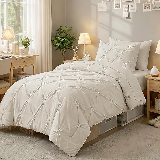 Sasttie Twin Comforter Set, 5-Piece Bed in a Bag, Pintuck Bedding Sets for All Season, Includes Comforter, Flat Sheet, Fitted Sheet, Pillowcase and Pillowsham, Beige