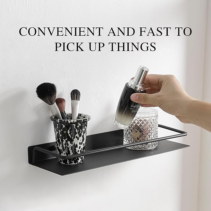 RFOUO 20 Inch Black Metal Wall Shelf with Guard Rail, Long Wall Mounted Bathroom Shelf, Aluminum Floating-Style Display Shelf for Kitchen Bedroom Decor Storage Organizer, 1 Pack