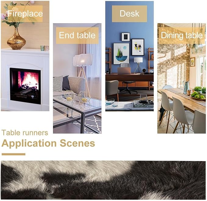 Cowhide Table Runner Black and White Milk Cow Western Style 3D Cow Fur Skin Texture Table Runner for Living Room Kitchen Dining Table Decoration 13x36in
