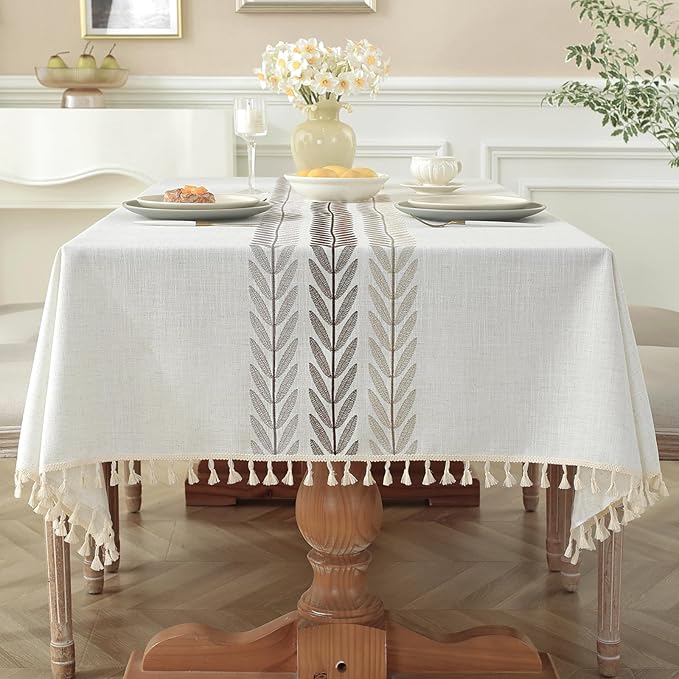 Laolitou Cotton Linen Waterproof Tablecloth for Dining Table Farmhouse Kitchen Square Table Cloth Coffee Wrinkle Free Cover, Beige, Wine Leaf, 55x55 Inch