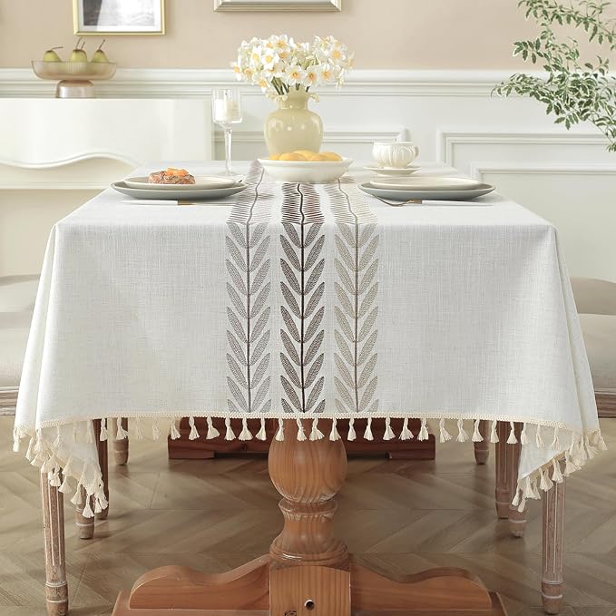 Laolitou Cotton Linen Waterproof Tablecloth for Dining Table Farmhouse Kitchen Rectangle Table Cloth Coffee Wrinkle Free Cover, Beige, Wine Leaf, 55x102 Inch