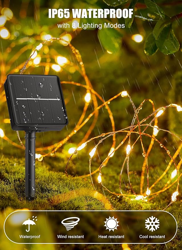 Minetom Solar String Lights, 2 Packs Total 66Ft 200 LED Solar Fairy Lights, Waterproof Solar Lights for Outside Patio Yard Tree Wedding Christmas, Warm White