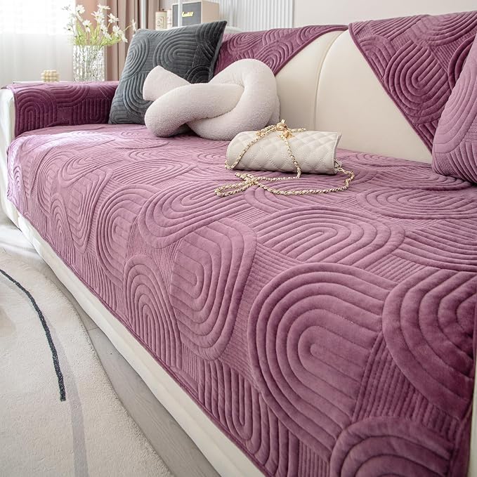 Soft Plush Geometric Quilted Couch Sofa Cover Boho Non Slip Fuzzy Sectional Couch Cover Solid Color Washable Sofa Slipcover Furniture Protector for Kids Dogs Cats (Purple,36"x70")