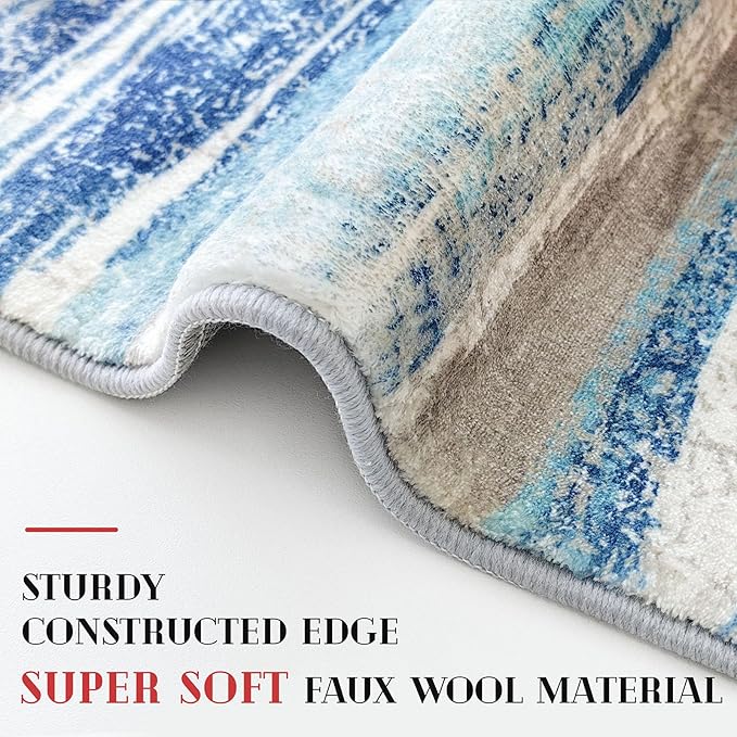 Lansny Modern Abstract Runners for Hallways 3x14, Washable Runner Rug Non-Slip Indoor Soft Long Hallway Runner Rug, Thin Print Faux Wool Floor Carpet for Hall Entryway Kitchen, Blue