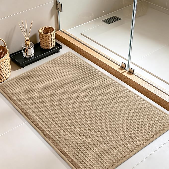 ACCUMTEK Memory Foam Bath Mat, Ultra Soft Absorbent Waffle Bathroom Rugs, Super Non-Slip PVC Backing Bath Rug Quick Dry, Machine Washable Rug for Tub, Shower, Home Decor Accessory, 32" x 20", Beige