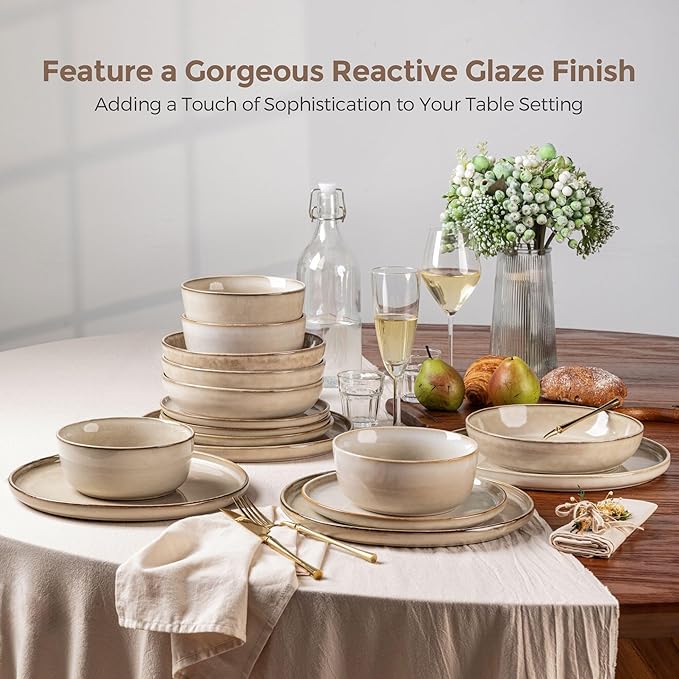 GBHOME 24 Pieces Double Bowls Ceramic Dinnerware Sets for 6, Stoneware Plates and Bowls Set with Reactive Glaze, Scratch Resistant Stoneware Dishes Set, Dishwasher & Microwave Safe