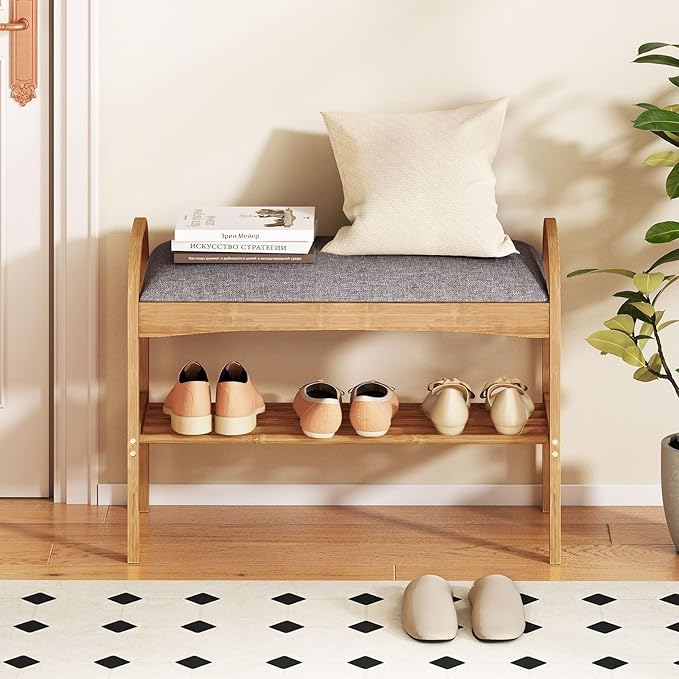 Giantex Shoe Rack Bench, Bamboo 2-Tier Entryway Bench with Padded Cushion, Shoe Storage Bench for Hallway, Closet, Foyer, Living Room, Bedroom, Mudroom
