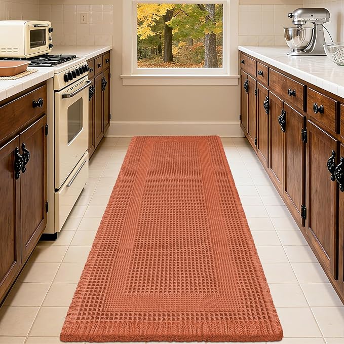 Upgrade Waffle Bath Mat Set 3 Piece, Boho Bathroom Rugs Absorbent Non Slip, Soft Bathroom Mats, Machine Washable Knit Bath Rugs with Tassels for Bathroom, Bedroom, Kitchen, Shower, Tub, Burnt Orange