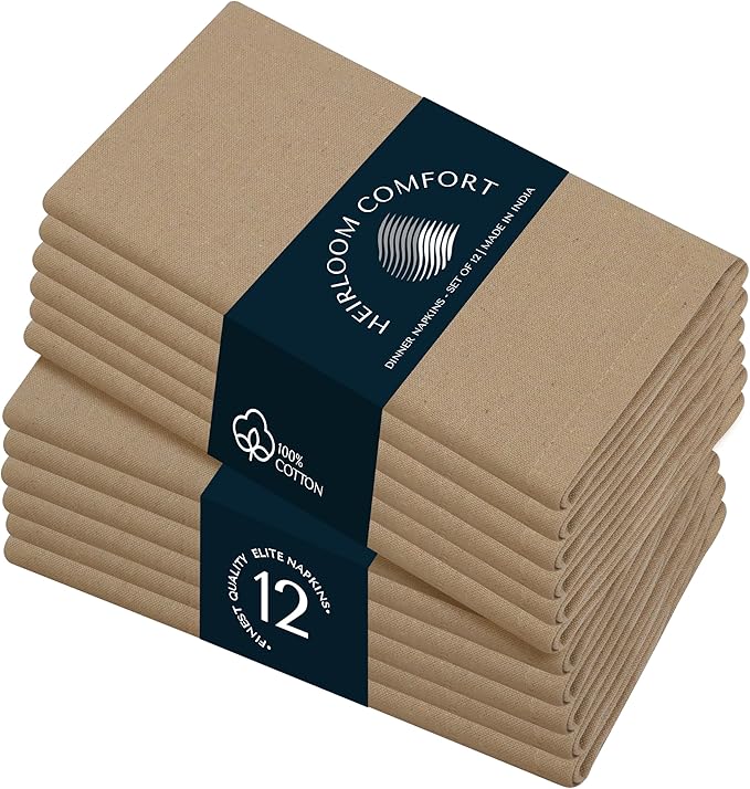 Beige Cloth Napkins 17x17 Inch - 100% Cotton, Soft, Reusable, Absorbent, Washable - 12 Pack - Ideal for Dinner, Thanksgiving, Fall, Weddings, Baby Showers, Holiday, Everyday Dining