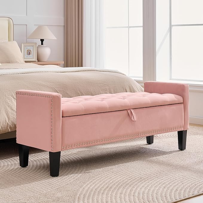 51" Storage Ottoman Bench, Velvet Large End of Bed Bench with Arms, Modern Storage Bench for Living Room, Bedroom, Entryway, Window, Holds up to 500 lb