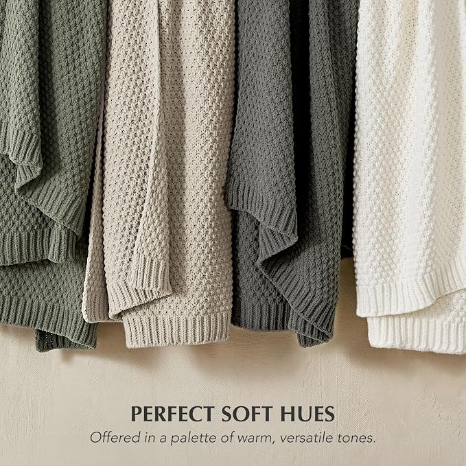 EVERGRACEHOME Chunky Chenille Knit Throw Blanket for Couch, Soft Luxurious Moss Stitch Blankets for Bed, Cozy Decorative Farmhouse Knitted Throws for Sofa, Dried Thyme Green, 60" x 80"
