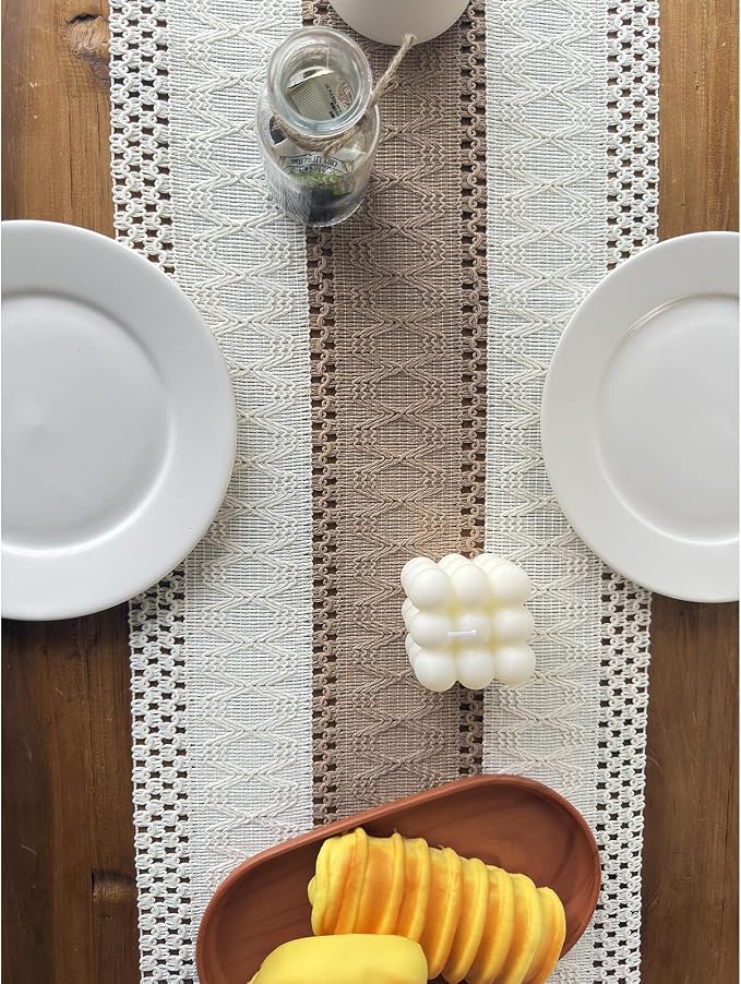 Boho Table Runner for Fall Home Decor with Tassels 108 in Farmhouse Rustic Cream & Brown Table Runner Macrame Burlap Table Decoration for Living Room Bridal Shower(12x108 in, Fringe Included)
