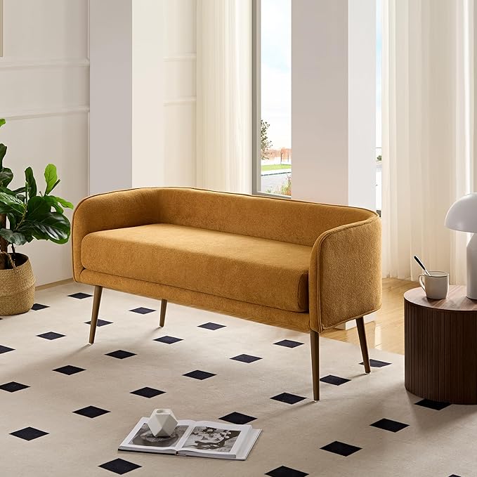 Bedroom Bench with Low Back,Inside Metal Frame, Extra Seat for Living Room,Entryway or Dinning Bench (Yellow) …