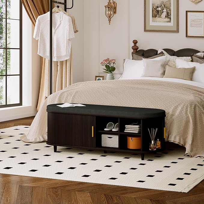 Entryway Bench with Storage: 51.2" Wooden Bedroom Shoe Bench with Thickened Padded Seat Cushion, Mid Century Modern Fluted Sliding Door and Adjustable Shelf, for Entryway, Living Room