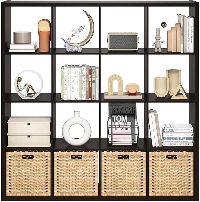Furinno Cubicle Book Shelf, 16-Cube Bookshelf, Extra Thick Frame Reversible Bookcase with Open Back, 14.6" x 58" x 58", for Living Room, Bedroom, Home Office, Black Dark Oak