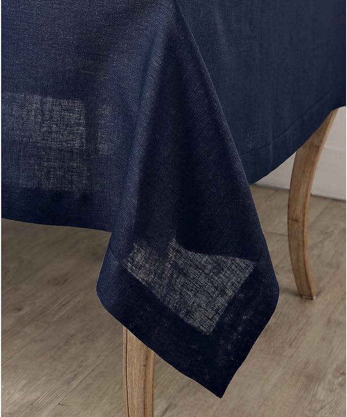 Solino Home Navy Blue Linen Tablecloth 60 x 120 Inch - 100% Pure Linen Table Cloth for Rectangle Tables - Fete, Machine Washable Tablecloth for Summer, 4th of July