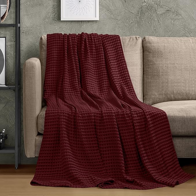 Utopia Bedding 100% Cotton Waffle Weave Blanket Twin Size for Couch Sofa Bed - Lightweight, Breathable Summer Blankets Soft and Cozy, Gifts for Women Home Room Decor (Burgundy, 90x72 Inch)