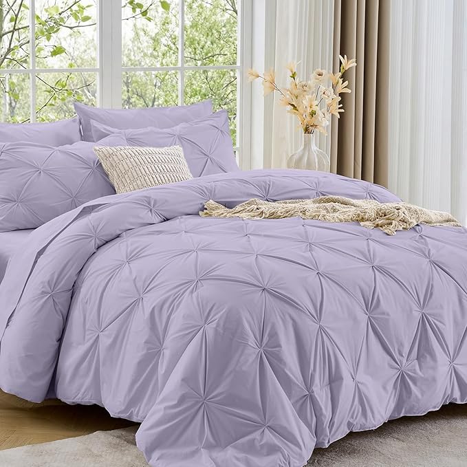 Sasttie Full Size Comforter Set, 7-Piece Bed in a Bag, Pintuck Bedding Sets for All Season, Includes Comforter, Flat Sheet, Fitted Sheet, Pillowcases and Pillowshams, Lavender