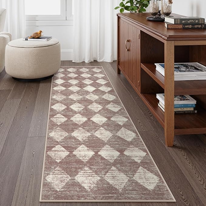 Lahome Zelie Moroccan Treills Runner Rug, 2x6 Beige Washable Rug Runner Carpet Runners for Hallway 6ft Non Skid, Checkered Kitchen Bathroom Non Skid Runners for Bedroom Hallway Entryway