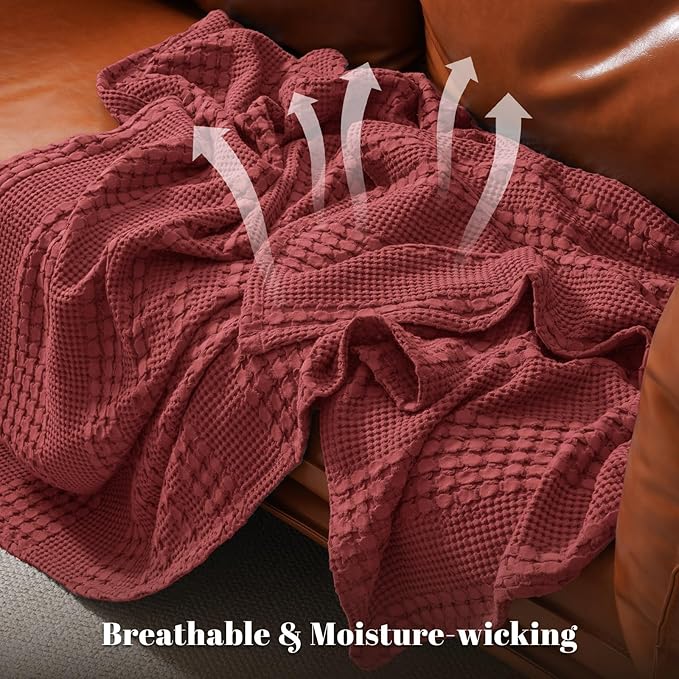 PHF 100% Cotton Waffle Weave Blanket Twin Size for Bed, Soft Lightweight & Breathable for Spring and Summer, All-Season Comfort, Luxury Aesthetic Blanket for Home Decor, 66"x90", Wine Red