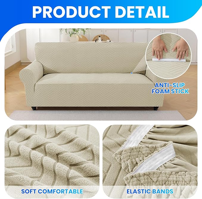 Stretch Sofa Slipcover 3 Cushion Couch X-Large Sofa Cover,91"-110" Non Slip Soft Couch Sofa Cover Washable Furniture Protector with Non Skid Foam and Elastic Bottom for Kids, Pets,Khaki
